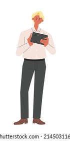 A blond-haired man is standing with a tablet in his hand. flat design style vector illustration.