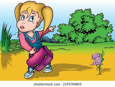 Blond-haired Schoolgirl with a Purple Schoolbag in her Hand Pointing with her Finger - Colored Cartoon Illustration with Background, Vector