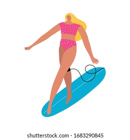 Blond-haired surfer woman in a red swimsuit standing on a sup board. Vector illustration in flat cartoon style.