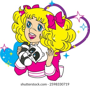 Blondie girl anime retro traditional girl design ilustration vector with stars and hearts