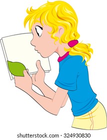 blondie young girl with a book and leaf