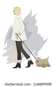 Blondy girl in gray coat walking with a little dog