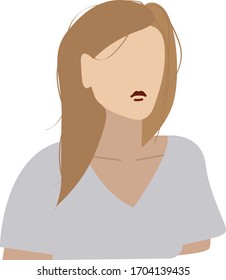 Blondy girl in grey blue t-shirt. Young woman have red lips, light brown hair and no face. Good item for stickers, postcards, print