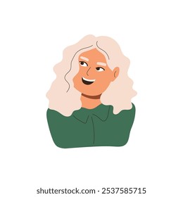 Mujer rubia mirando hacia arriba y sonriendo. Ilustración plana de niña coqueteando. Vector sobre fondo blanco