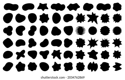 Bloobs black shape set, random abstract stains, black bubble silhouette, irregular liquid shape collection, ink wavy fluid, art spot for background, comic speech bubble, vector illustration