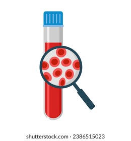 Blood analysis concept vector illustration. Blood tube and blood cells under a magnifying glass.