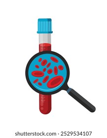 Ilustración vectorial del concepto de análisis de sangre. Tubo de sangre y células sanguíneas bajo una lupa. ilustración de archivo