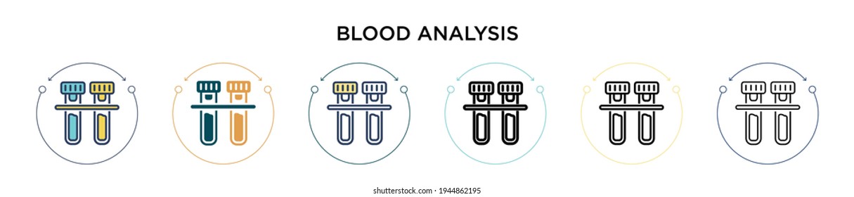 Blood analysis icon in filled, thin line, outline and stroke style. Vector illustration of two colored and black blood analysis vector icons designs can be used for mobile, ui, web