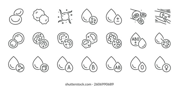 Blood Analysis Icons Set. Thin Linear Symbols of Blood Types, Cells, Glucose, Platelets, Test Drops, Sample Flow, Female Marker and Circulatory Components