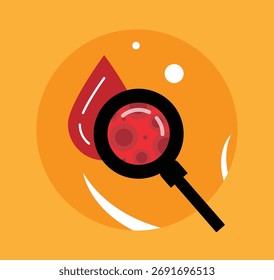 Ideia de análise de sangue com gota e ampliação de fundo colorido de vidro. Saúde e medicina ideia vetorial arte