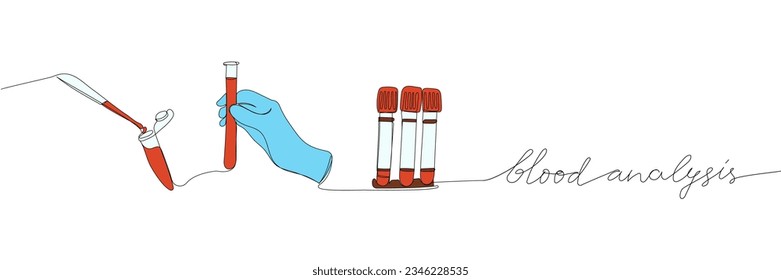 Conjunto de análisis de sangre. Cremallera de tubos de ensayo, pruebas médicas, suministros médicos, equipo de una línea de color arte. Dibujo continuo de líneas de laboratorio, investigación, medicación, atención médica, clínica, desechable, herramienta