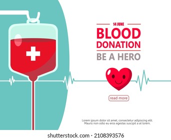 Blood Bag Donate With Heart For Publicize To The Public To Join Blood Donor For Poster, Banner, Card And Background.vector Illustrator Blood Donation Day Concept.