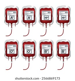 Blood bag with eight types of blood type labels A, B, O, AB blood donor 3D vector set illustration