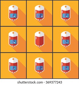 Blood bag flat icon with long shadow. Blood type. Vector flat illustration.