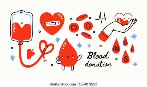 Blood bag, hearts, cute drop mascot. Hand drawn Vector illustrations. Hematology icons set. Donate Blood, Health Care Concept. World Blood Donor Day. Trendy digital art. All elements are isolated