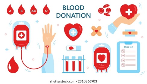 Blood bag, hearts, blood drop .  Vector illustration. Hematology icons set. Donate Blood, Health Care Concept. World Blood Donor Day. 