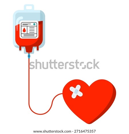 A blood bag with a label is connected by a tube to a red heart with a bandage on it
