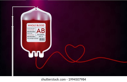 Blood bag with label different blood group AB system. Blood donation ideas to help the injured medical. 3D Vector EPS10 illustration