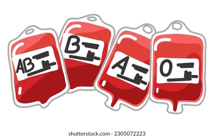 Una bolsa de sangre con una etiqueta de los diferentes grupos sanguíneos A, B, O y Rh. Ideas de donación de sangre para ayudar a los médicos heridos. Ilustración vectorial de la transfusión de sangre al estilo de las caricaturas sobre un fondo blanco
