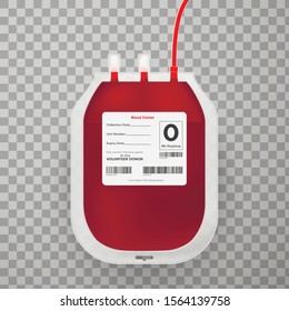 Blood bag with label realistic vector illustration. Medical donation center, blood bank supply isolated on transparent background. Whole plasma pack with tube. Health care, life saving design element