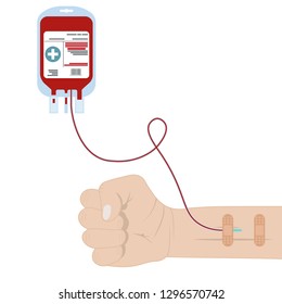 Blood bag, pack with donor hands isolated on white background. Blood donation, transfusion. Medical concept. Flat cartoon style