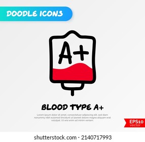 Blood bag with plasma. Doodle thin line icon. Blood donation. Blood type. Vector illustration.
