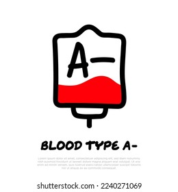 Blood bag with plasma. Doodle thin line icon. Blood donation. Blood type A-. Vector illustration.