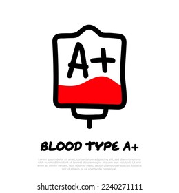 Bolsa de sangre con plasma. Icono de línea delgada de garabato. Donación de sangre. Sangre tipo A+. Ilustración vectorial.