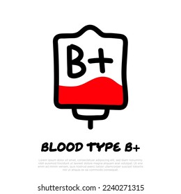 Bolsa de sangre con plasma. Icono de línea delgada de garabato. Donación de sangre. Sangre tipo B+. Ilustración vectorial.