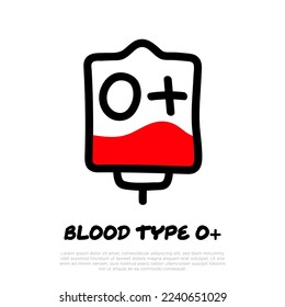 Bolsa de sangre con plasma. Icono de línea delgada de garabato. Donación de sangre. Sangre tipo O+. Ilustración vectorial.