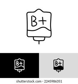 Bolsa de sangre con plasma. Icono de línea delgada de garabato. Donación de sangre. Sangre tipo B+. Ilustración vectorial.