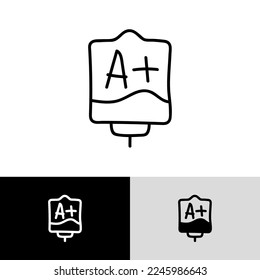 Bolsa de sangre con plasma. Icono de línea delgada de garabato. Donación de sangre. Sangre tipo A+. Ilustración vectorial.