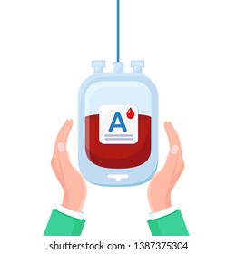 Blood bag with red drop isolated on white background. Donation, transfusion in medicine laboratory concept. Pack of plasma with heart. Save patient life. Vector flat design