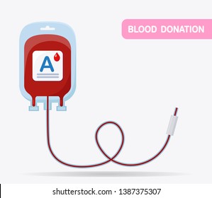 Blood bag with red drop isolated on white background. Donation, transfusion in medicine laboratory concept. Pack of plasma with heart. Save patient life. Vector flat design