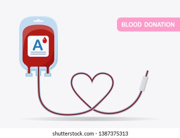 Blood bag with red drop isolated on white background. Donation, transfusion in medicine laboratory concept. Pack of plasma with heart. Save patient life. Vector flat design