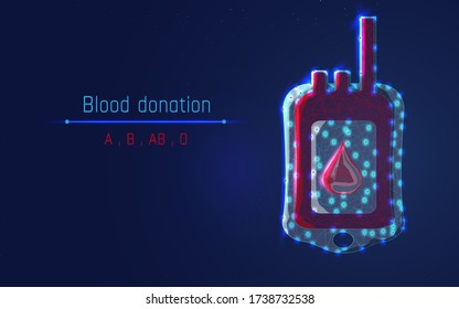 bolsa de sangre. Sangre tipo A, B, O y AB. Texto rojo "Donación de sangre" y fondo azul oscuro. ayuda a la gente,Ilustración vectorial sobre salud y medicina.plexsus, polos bajos, triángulo, punto,eps10,wireframe