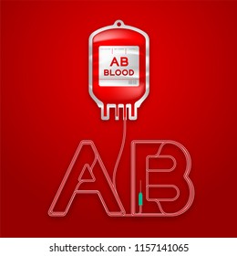 Blood bag type AB red color and Alphabet letter AB sign shape made from cord illustration, transfusion concept design isolated on red gradient background, with copy space