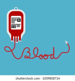 Blood bag type B red color and blood text  illustration isolated on blue background, vector illustration
