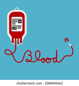 Blood bag type A B red color and blood text made from cord illustration isolated on white background, with copy space