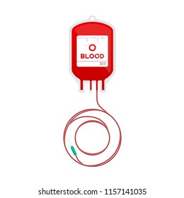 Blood bag type O red color and Alphabet letter O sign shape made from cord illustration, transfusion concept flat design isolated on white background, with copy space