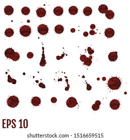 Sangre, gotas rojas, arte pintado de manchas en blanco para el diseño de halloween. El rojo goteo de sangre cae color agua. Conjunto de ilustraciones de vectores