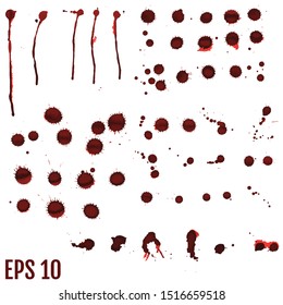 Blood blot, red drops, splatter painted art on white for halloween design. Red dripping blood drop watercolor. Vector illustration set