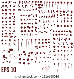 Blood blot, red drops, splatter painted art on white for halloween design. Red dripping blood drop watercolor. Vector illustration set
