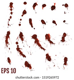 Blood blot, red drops, splatter painted art on white for halloween design. Red dripping blood drop watercolor. Vector illustration set