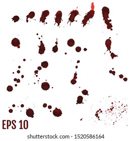 Blood blot, red drops, splatter painted art on white for halloween design. Red dripping blood drop watercolor. Vector illustration set