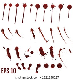 Blood blot, red drops, splatter painted art on white for halloween design. Red dripping blood drop watercolor. Vector illustration set