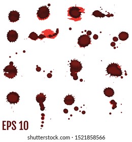 Blood blot, red drops, splatter painted art on white for halloween design. Red dripping blood drop watercolor. Vector illustration set