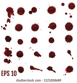 Blood blot, red drops, splatter painted art on white for halloween design. Red dripping blood drop watercolor. Vector illustration set