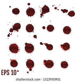 Blood blot, red drops, splatter painted art on white for halloween design. Red dripping blood drop watercolor. Vector illustration set