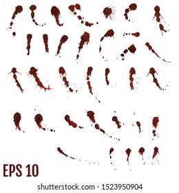 Blood blot, red drops, splatter painted art on white for halloween design. Red dripping blood drop watercolor. Vector illustration set